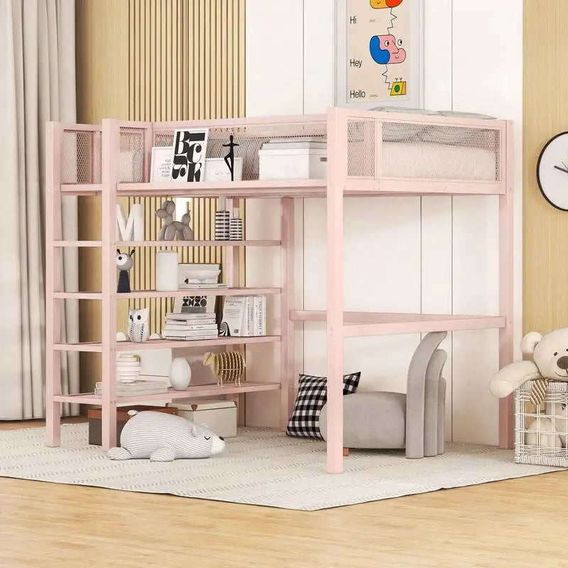 Cama loft individual de metal con estantes de 4 niveles y almacenamiento