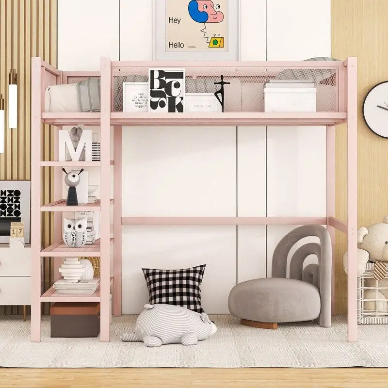 Cama loft individual de metal con estantes de 4 niveles y almacenamiento