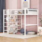 Cama loft individual de metal con estantes de 4 niveles y almacenamiento