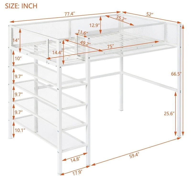 Cama loft individual de metal con estantes de 4 niveles y almacenamiento