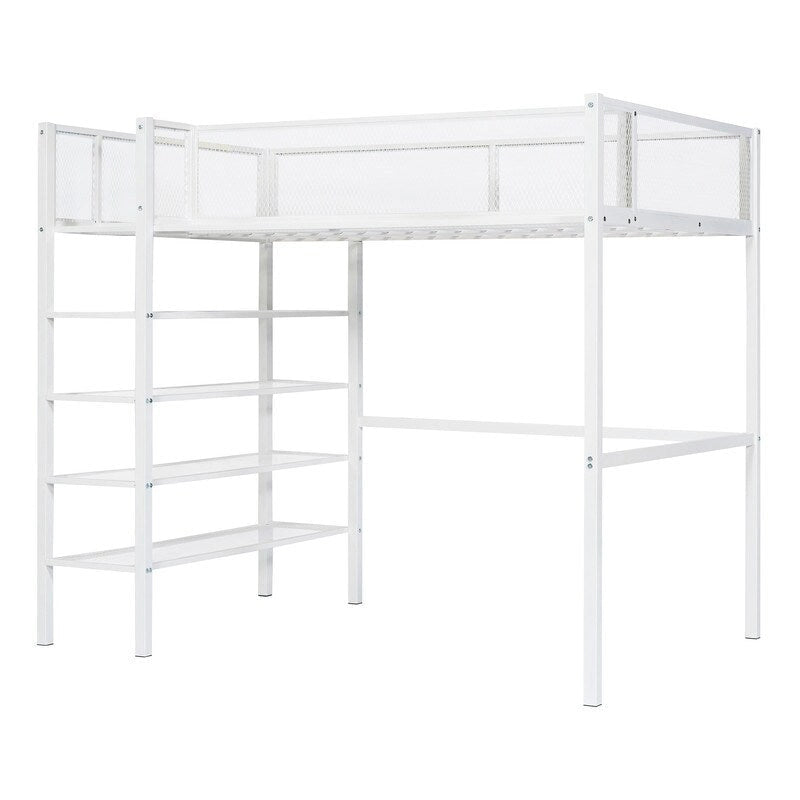 Cama loft individual de metal con estantes de 4 niveles y almacenamiento