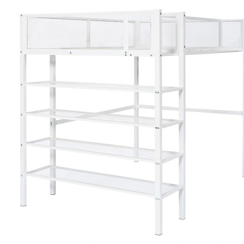 Cama loft individual de metal con estantes de 4 niveles y almacenamiento