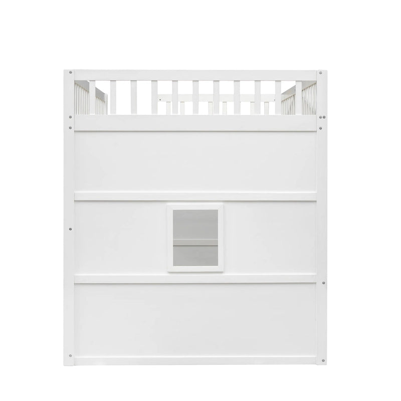 Cama alta con forma de casita en tamaño matrimonial con escalera, puertas y ventana, en blanco y gris
