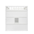 Cama alta con forma de casita en tamaño matrimonial con escalera, puertas y ventana, en blanco y gris