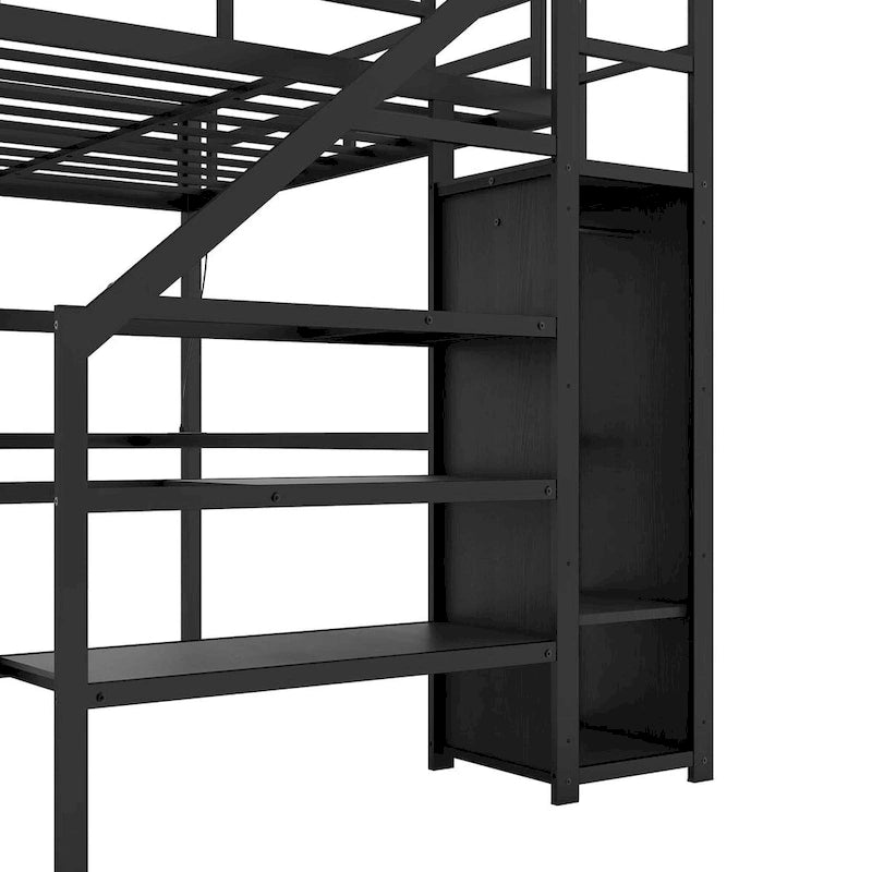 Cama alta de metal tamaño Full XL con armario, estante ajustable, escritorio en forma de L y USB