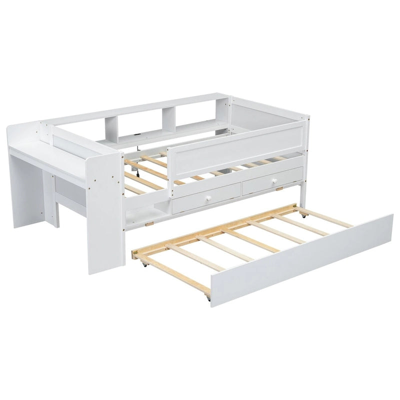 Cama nido doble multifuncional con cajones y nido, almacenamiento en cabecero y mesas, estación de carga USB