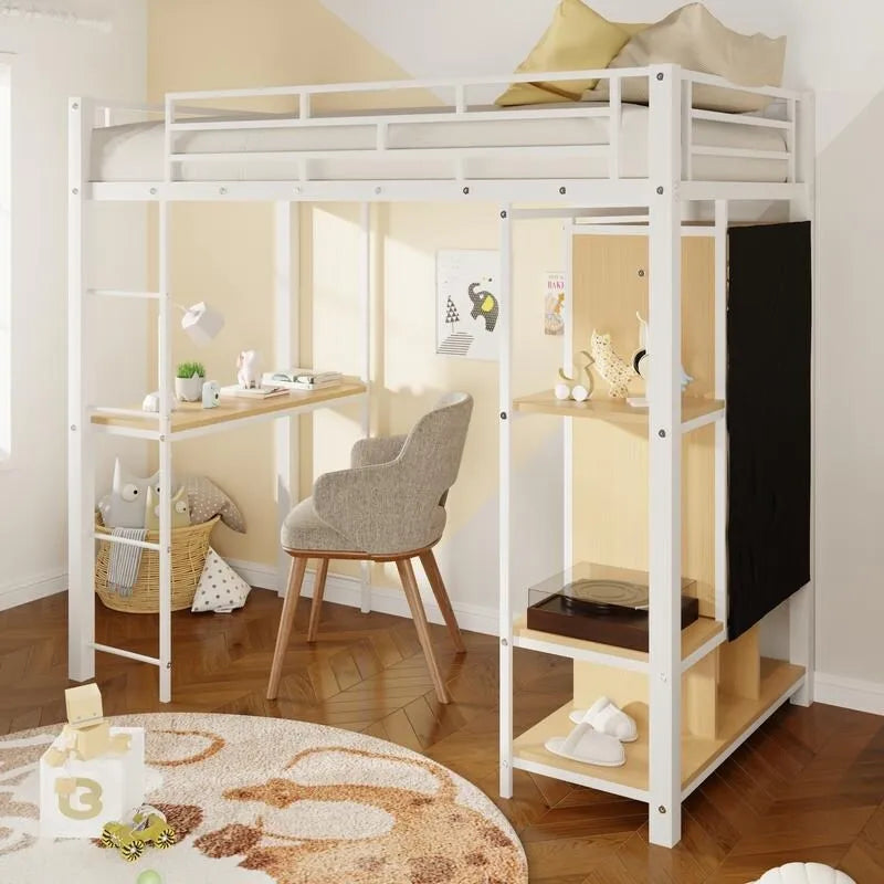 Cama alta individual de metal con armario, escritorio y estantes incorporados