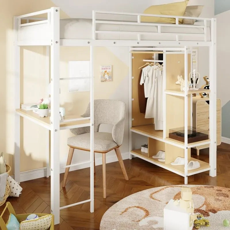 Cama alta individual de metal con armario, escritorio y estantes incorporados