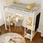 Cama alta individual de metal con armario, escritorio y estantes incorporados