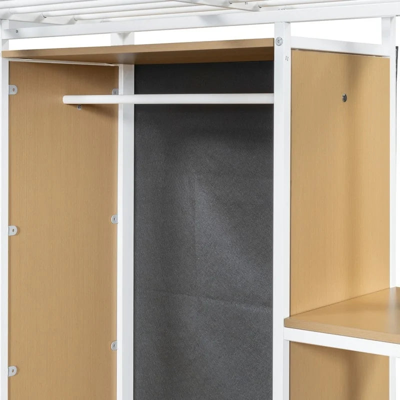 Cama alta individual de metal con armario, escritorio y estantes incorporados