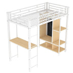 Cama alta individual de metal con armario, escritorio y estantes incorporados