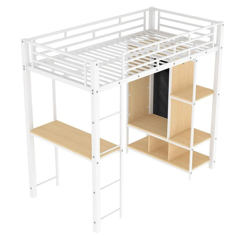 Cama alta individual de metal con armario, escritorio y estantes incorporados