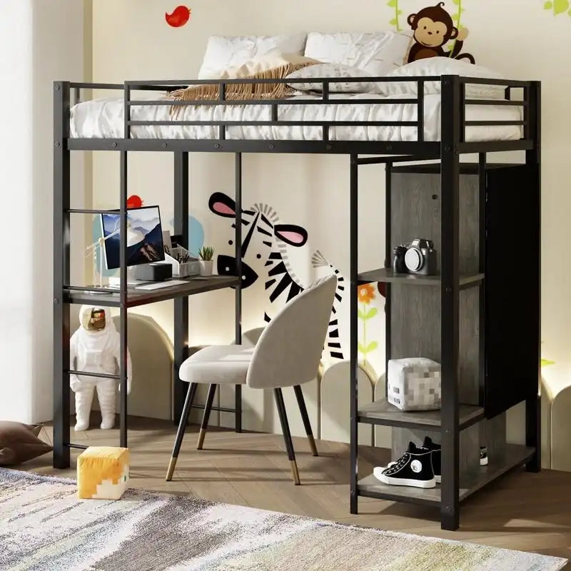Cama alta individual de metal con armario, escritorio y estantes incorporados