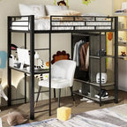 Cama alta individual de metal con armario, escritorio y estantes incorporados