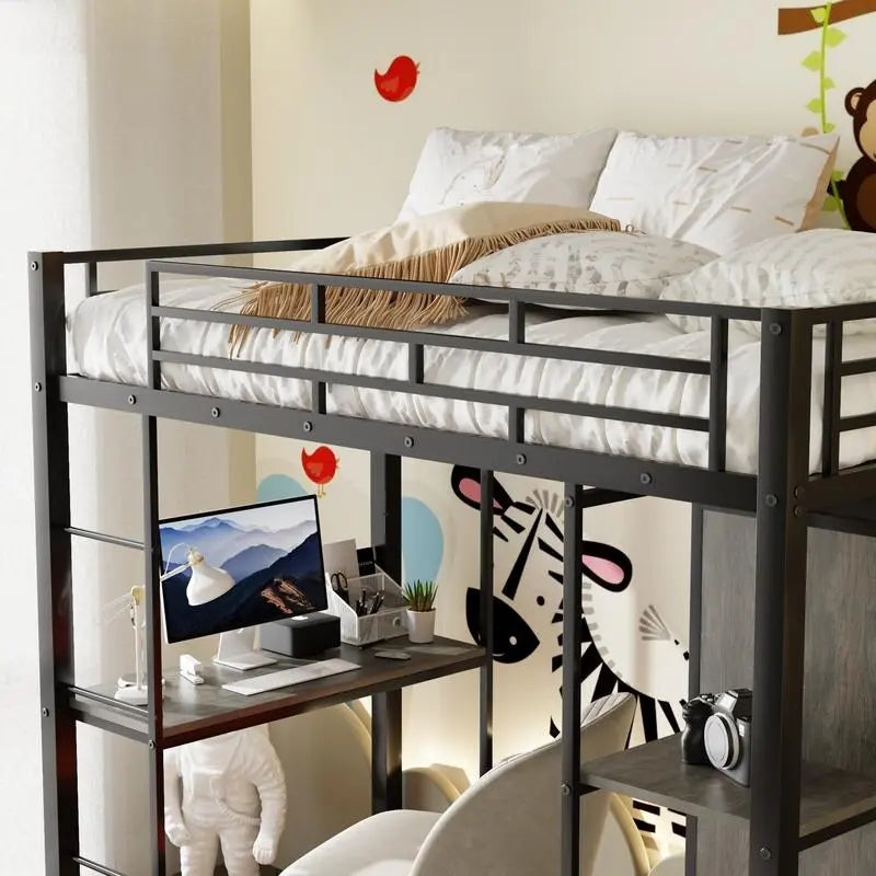 Cama alta individual de metal con armario, escritorio y estantes incorporados