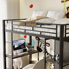 Cama alta individual de metal con armario, escritorio y estantes incorporados