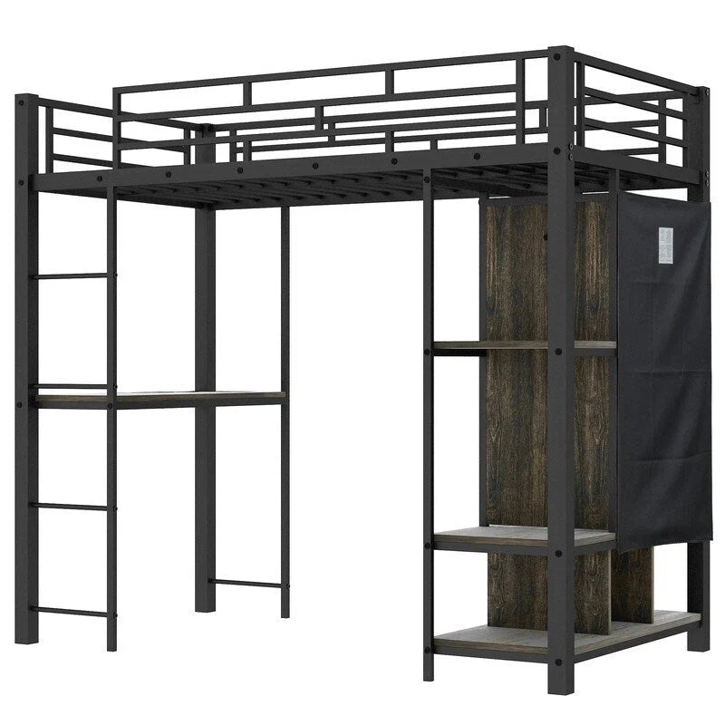 Cama alta individual de metal con armario, escritorio y estantes incorporados