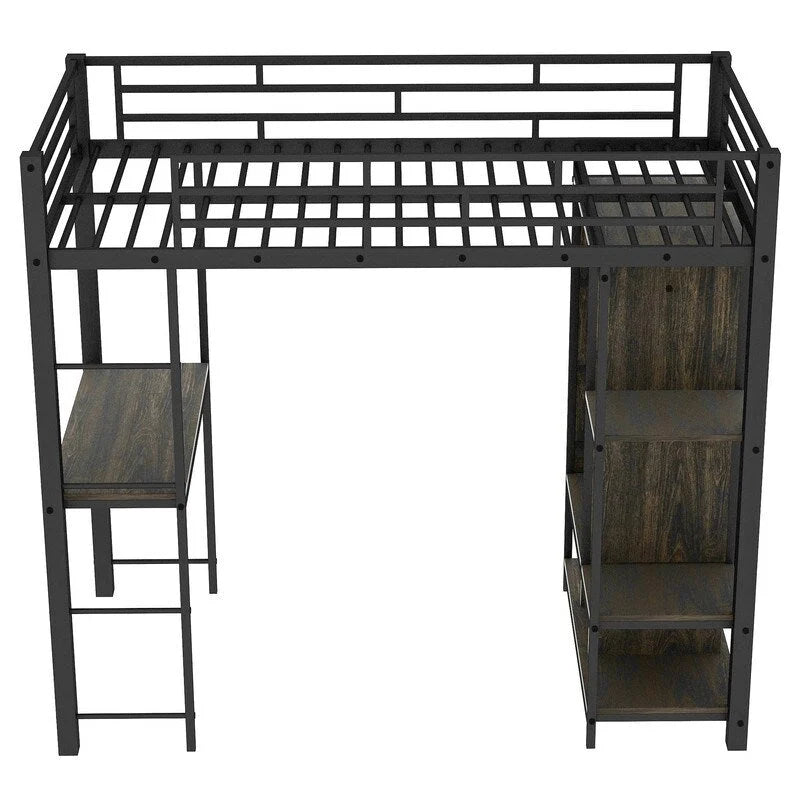 Cama alta individual de metal con armario, escritorio y estantes incorporados