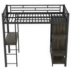 Cama alta individual de metal con armario, escritorio y estantes incorporados